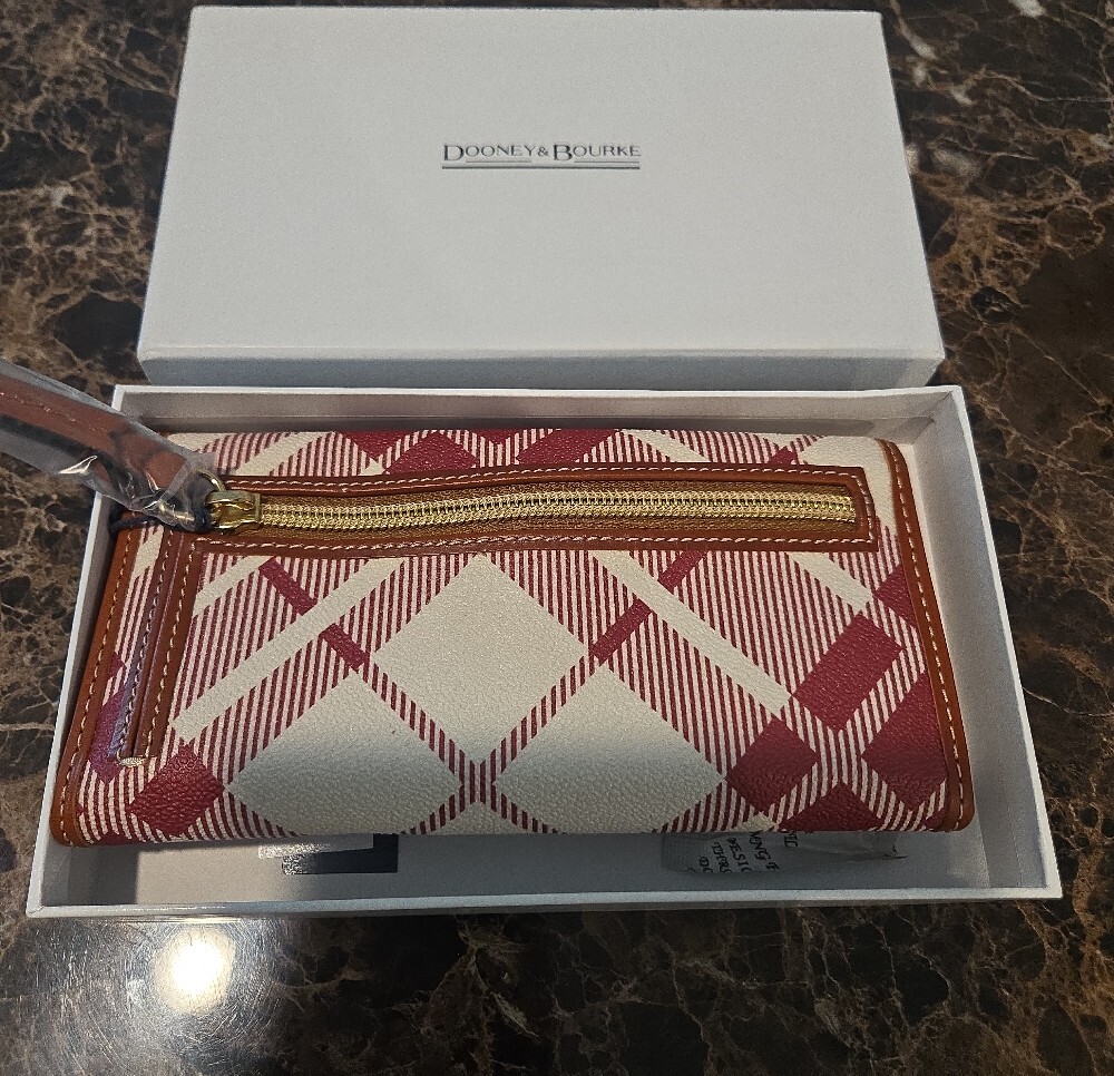 Dooney & Bourke Red Plaid Continental Wallet with Tan Trim - Picture 2 of 3